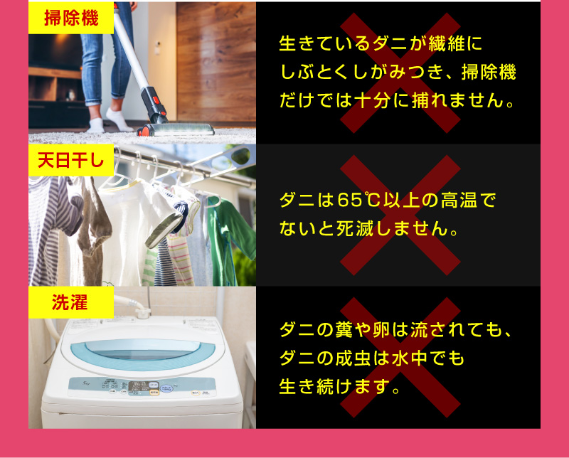 生きているダニが繊維にしぶとくしがみつき、掃除機だけでは十分に捕れません